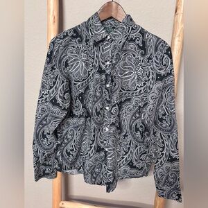 Lauren Ralph Lauren Petite PL Black White Paisley Button Up Shirt 100%